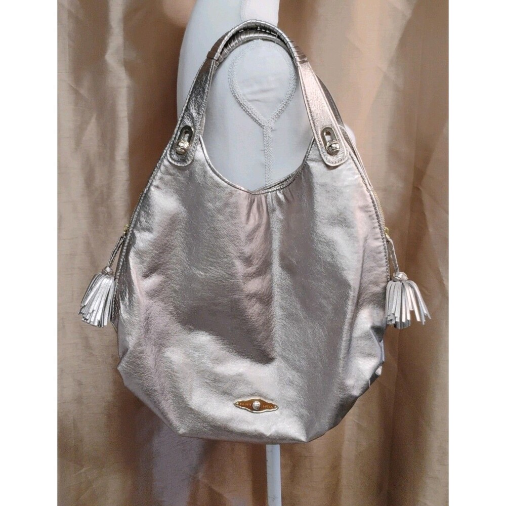 Elliott Lucca Metallic Lt Gold Leather Glam Hobo Bag Tassels Lined Inner Pockets